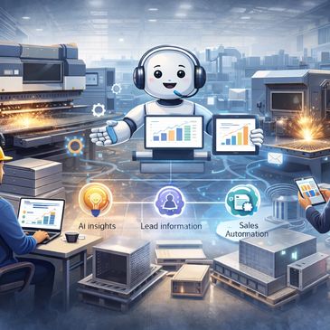 Robot assists workers with AI insights, lead info, and sales automation in a high-tech factory.