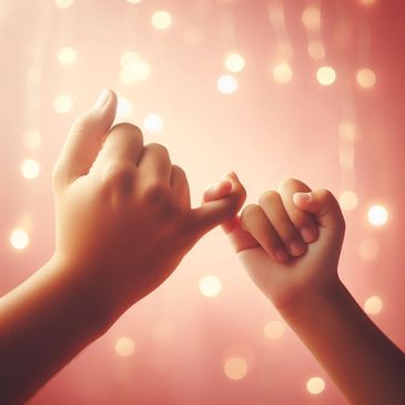 Close-up of two hands, one adult and one child, making a pinky promise.