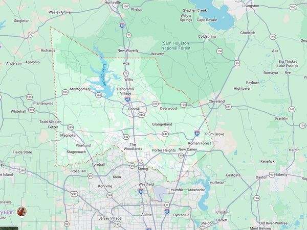 Map of Montgomery County, Texas with towns and highways.