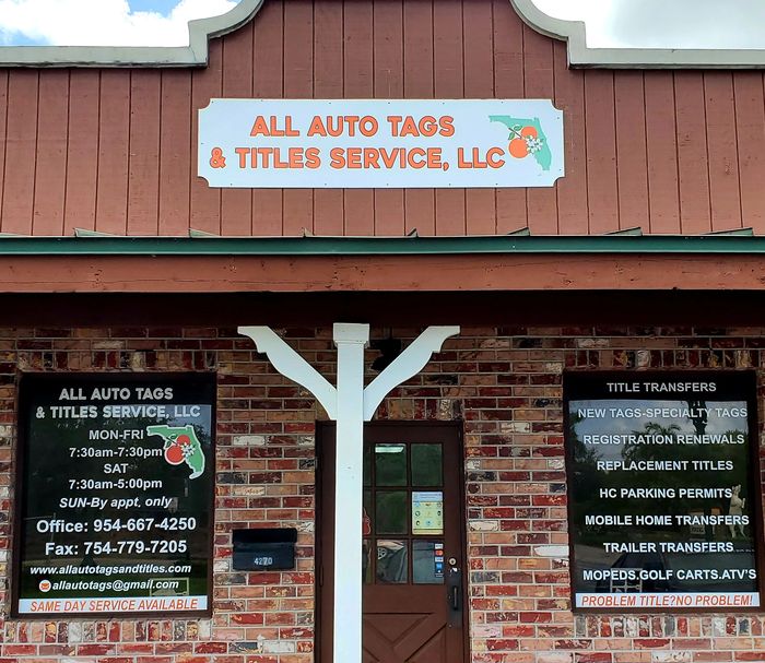 AUTO TAGS & TITLES
TITLE TRANSFERS
REGISTRATION
LICENSE PLATES
BOAT TRANSFER
MOTORCYCLE TRANSFER