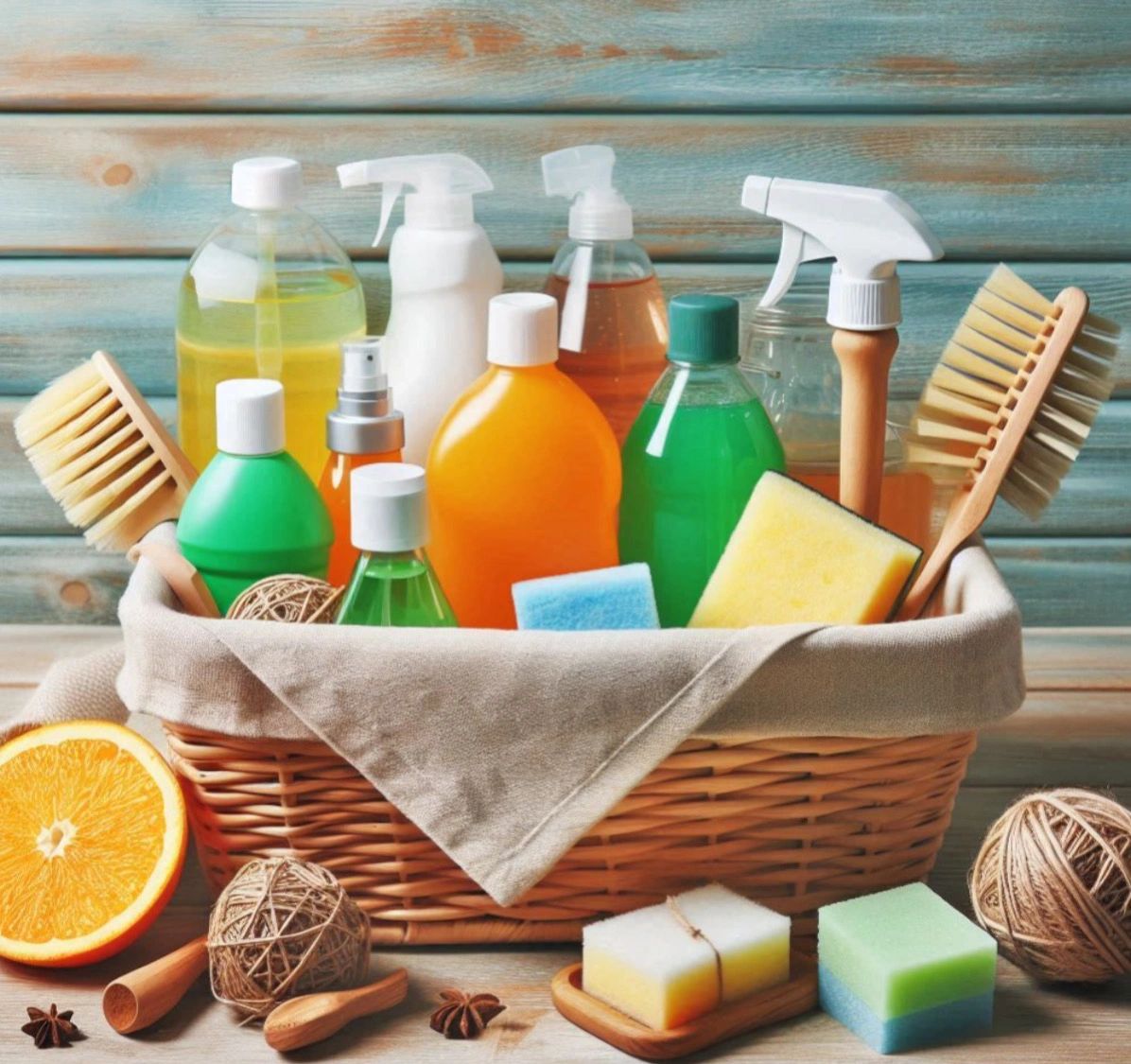 A colorful picture with spray bottles inside a wicker basket.