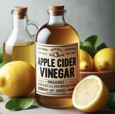 A picture of a Apple cider vinegar bottle with cut fresh lemons sitting next to bottle.