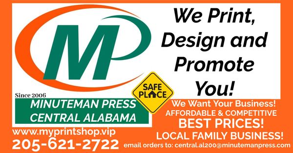 Minuteman Press of Central Alabama. Business Cards, Flyers, Signs, Brochures, Shirts, Hats.