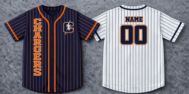 Two baseball jerseys with Chargers branding in dark and white.