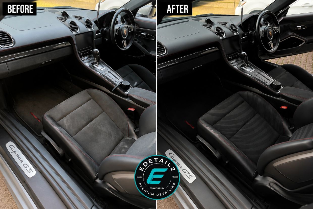 Before and after interior cleaning of a Porsche Cayman GTS car.