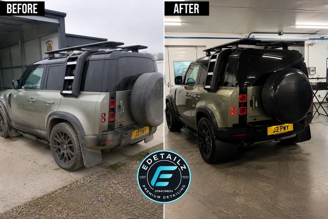 Before and after detailing of a Land Rover Defender.