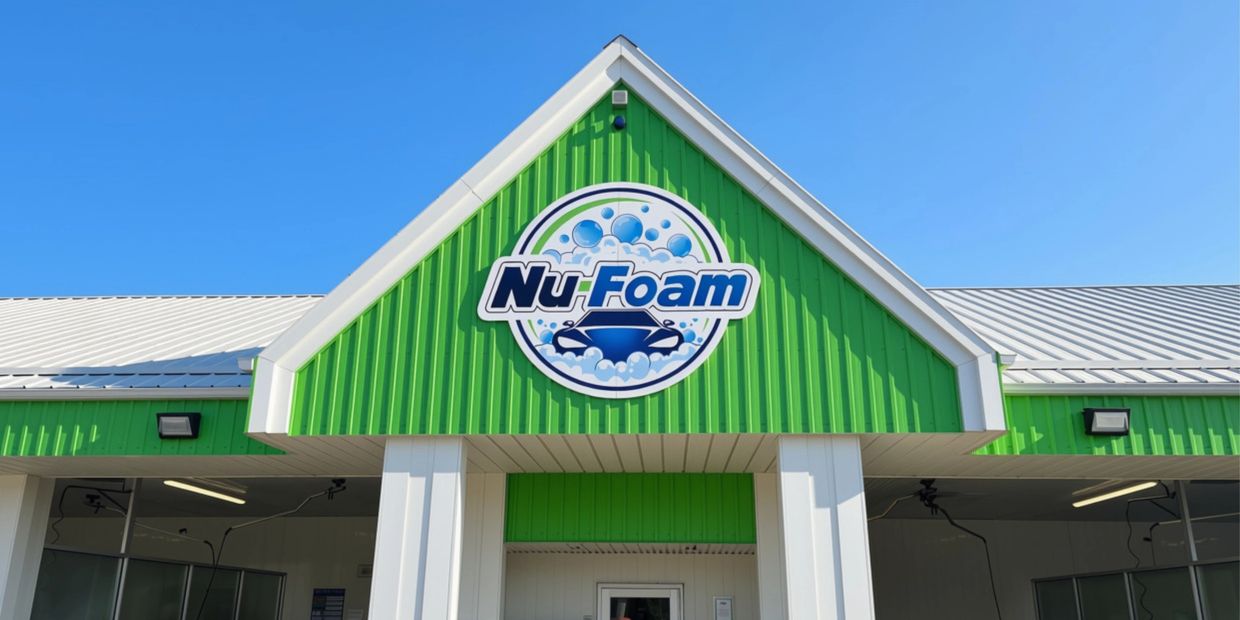 Nu-Foam car wash building under clear blue sky.