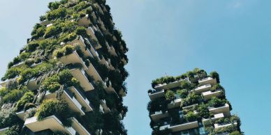 Two tall buildings with balconies covered in lush greenery under a clear sky.