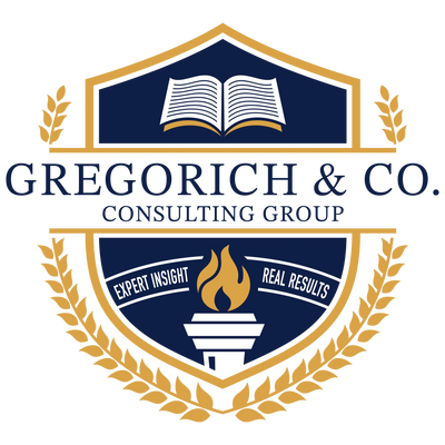 Logo of Gregorich & Co. Consulting Group with book and torch symbols.