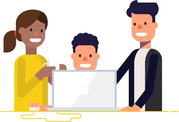 Three people using a laptop.