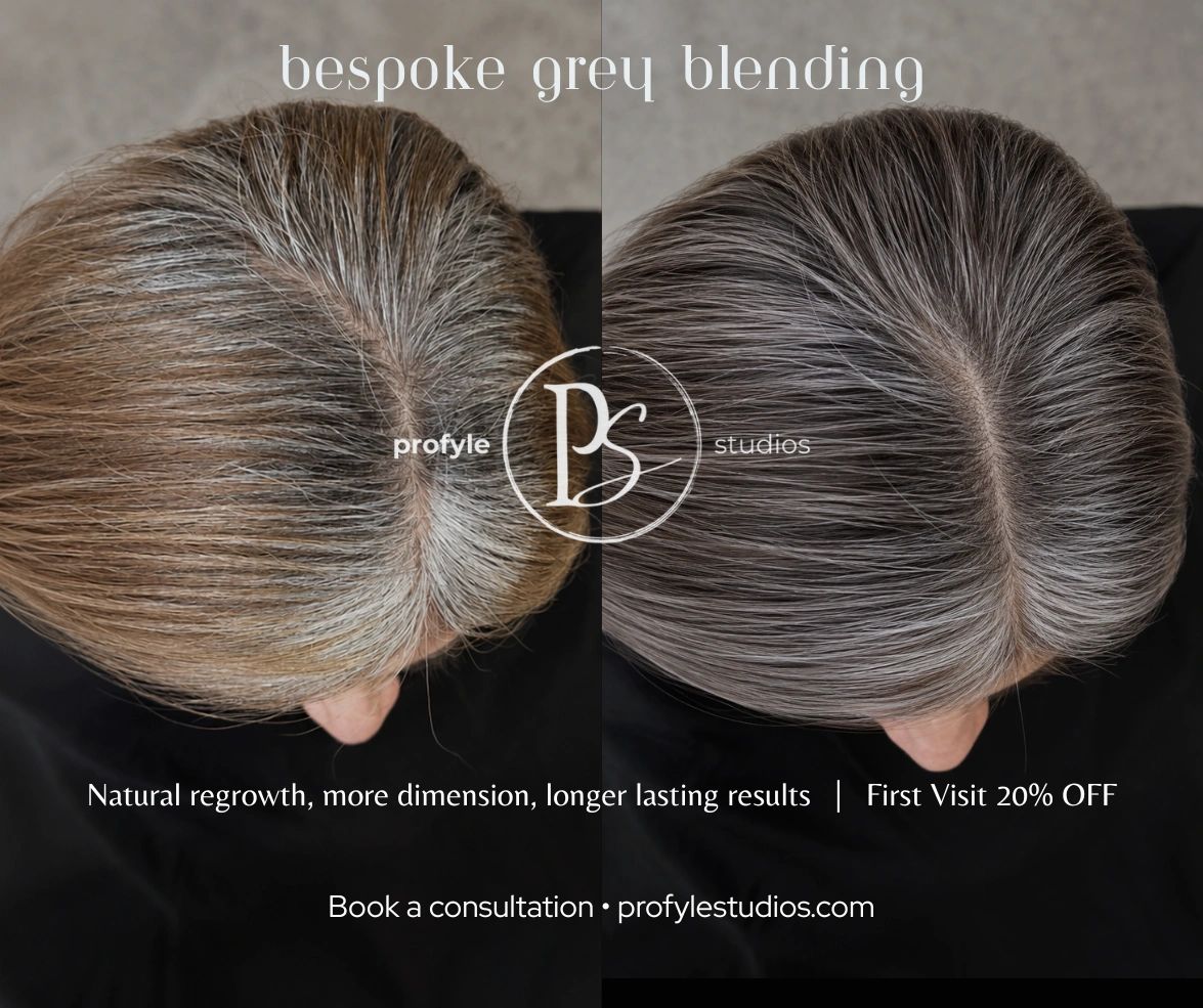 Image of a before & after a grey blending hair color done at Profyle Studios, trusted hair salon SG.