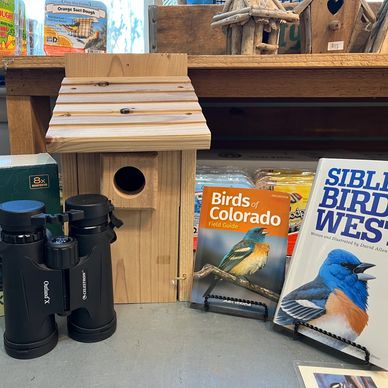Bird identification books, a wooden bird house, binoculars