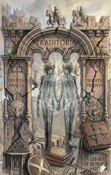 Two ghostly figures stand beneath a cracked arch labeled 'Traditoria' amid symbols of faith and betrayal.