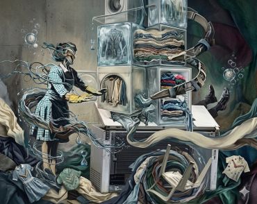 Surreal laundry scene with a faceless figure and floating clothes.