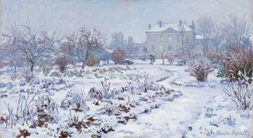 Snow-covered garden with a large house in the background under a pale sky.