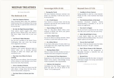 Mizpah Treatises: Life lessons on truth, kindness, and growth across three sections.