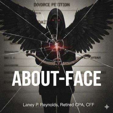 Dark Cupid with wings and bow, shattered glass effect, text 'ABOUT-FACE'.