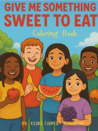 Children holding fruits on a coloring book cover.