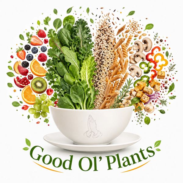 A bowl filled with fresh greens, grains, and vegetables, surrounded by colorful fruits and herbs.