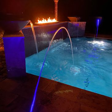 water bowls and fire feature with laminars and sheer decent