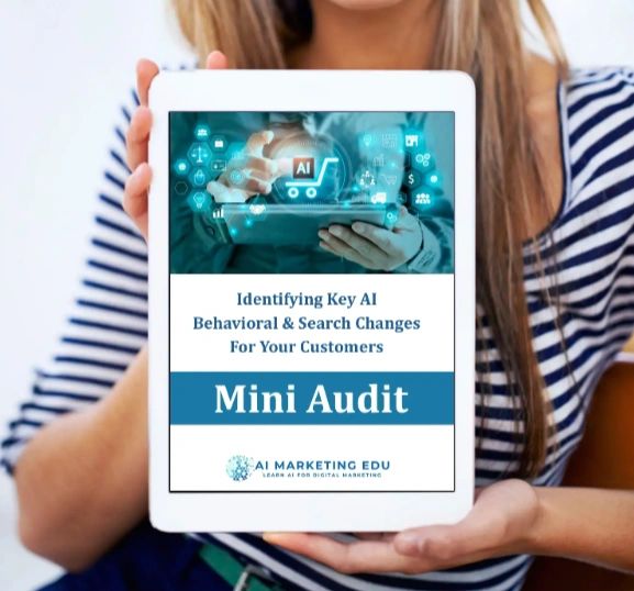 Tablet displaying an AI marketing mini audit for customer behavior analysis.