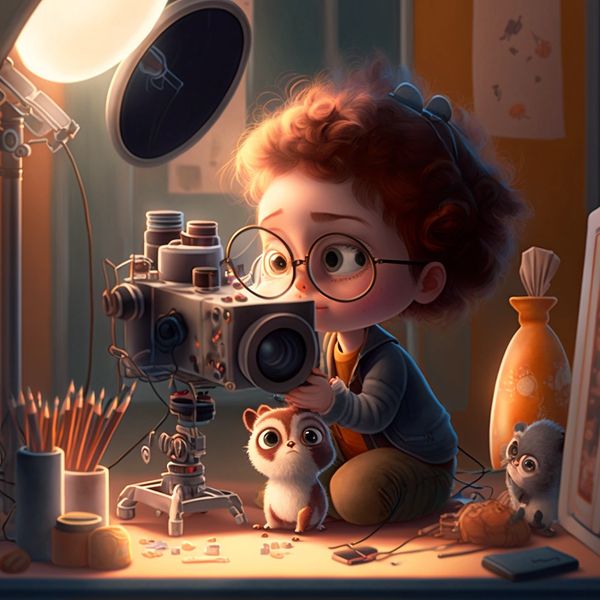 "Cute cinematographer working on set, digital illustration, pixar style, ray tracing, soft lighting