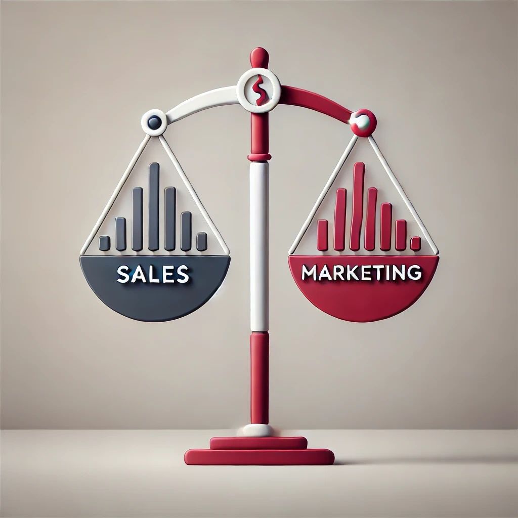 A scale with sales on the left amd marketing on the right perfectly aligned for Sales & Marketing al