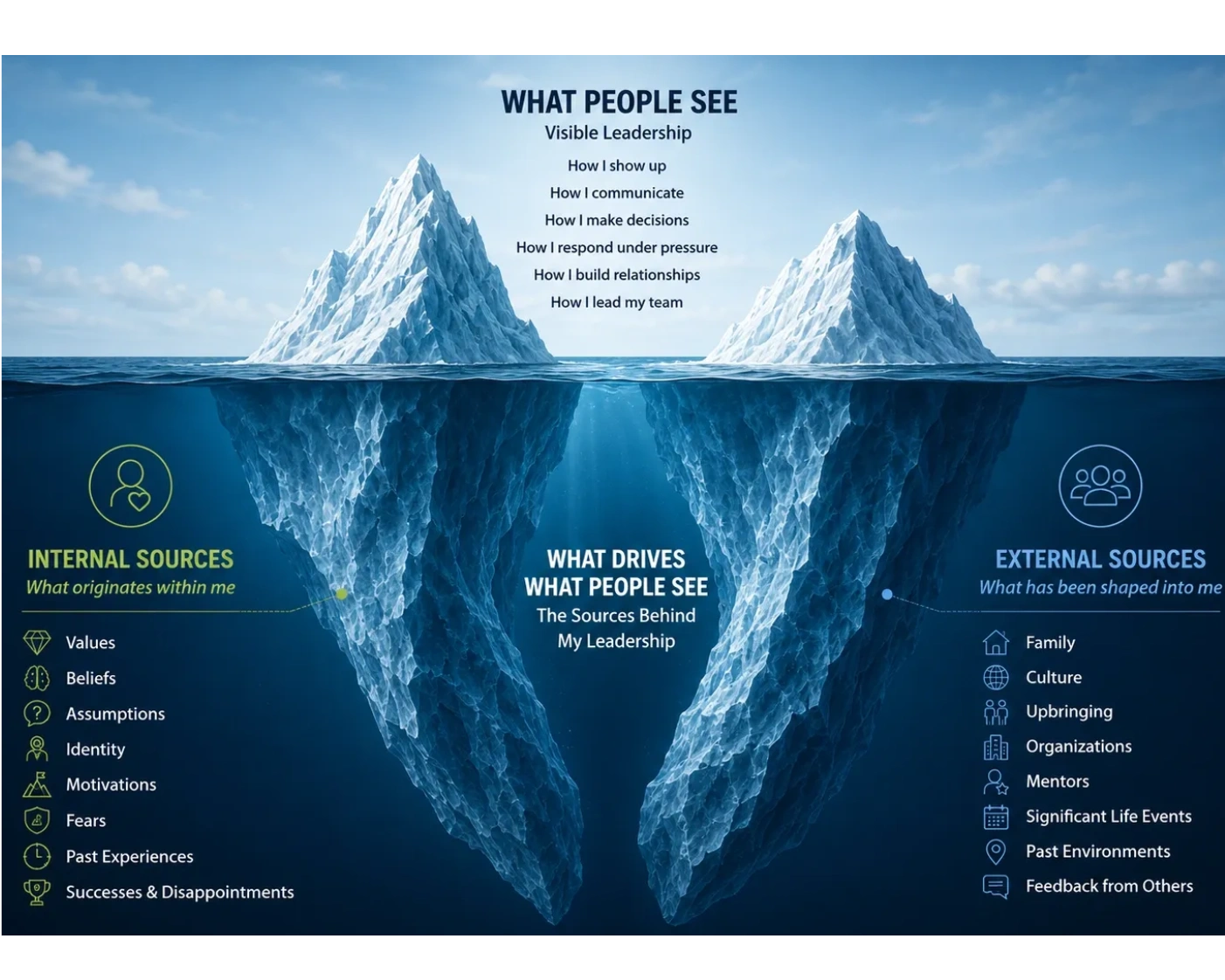 Iceberg metaphor illustrating visible leadership and underlying internal and external sources.