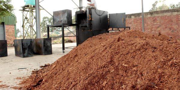 Large pile of wood chips in an industrial setting.
