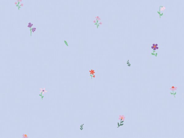Blue background with scattered small colorful flowers.
