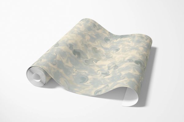 Rolled wallpaper with a blue and beige wavy pattern.