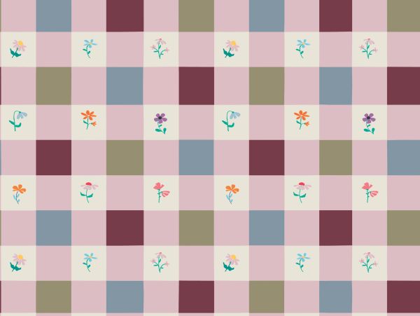 Checkerboard pattern with floral designs.