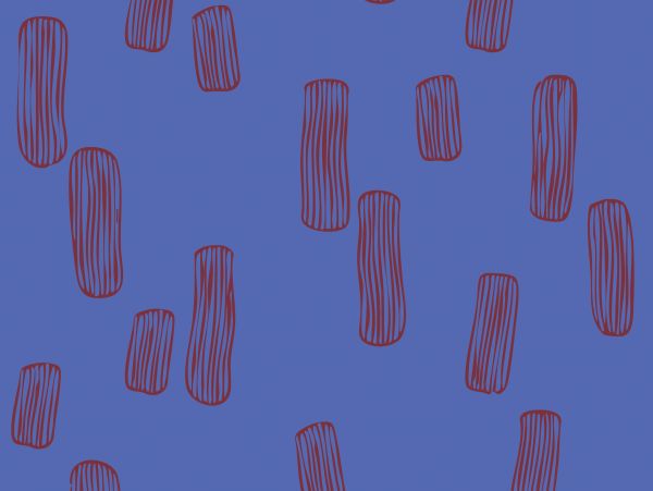Blue background with vertical maroon striped shapes.