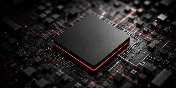 Close-up of a black microchip with red glowing edges on a circuit board.
