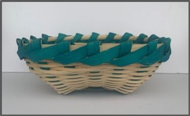 Woven basket with teal and natural colors.