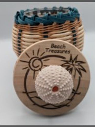 Decorative container with beach-themed lid and woven basket.