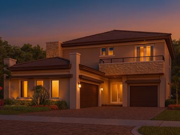 Elegant modern two-story house illuminated at dusk with warm interior lighting.