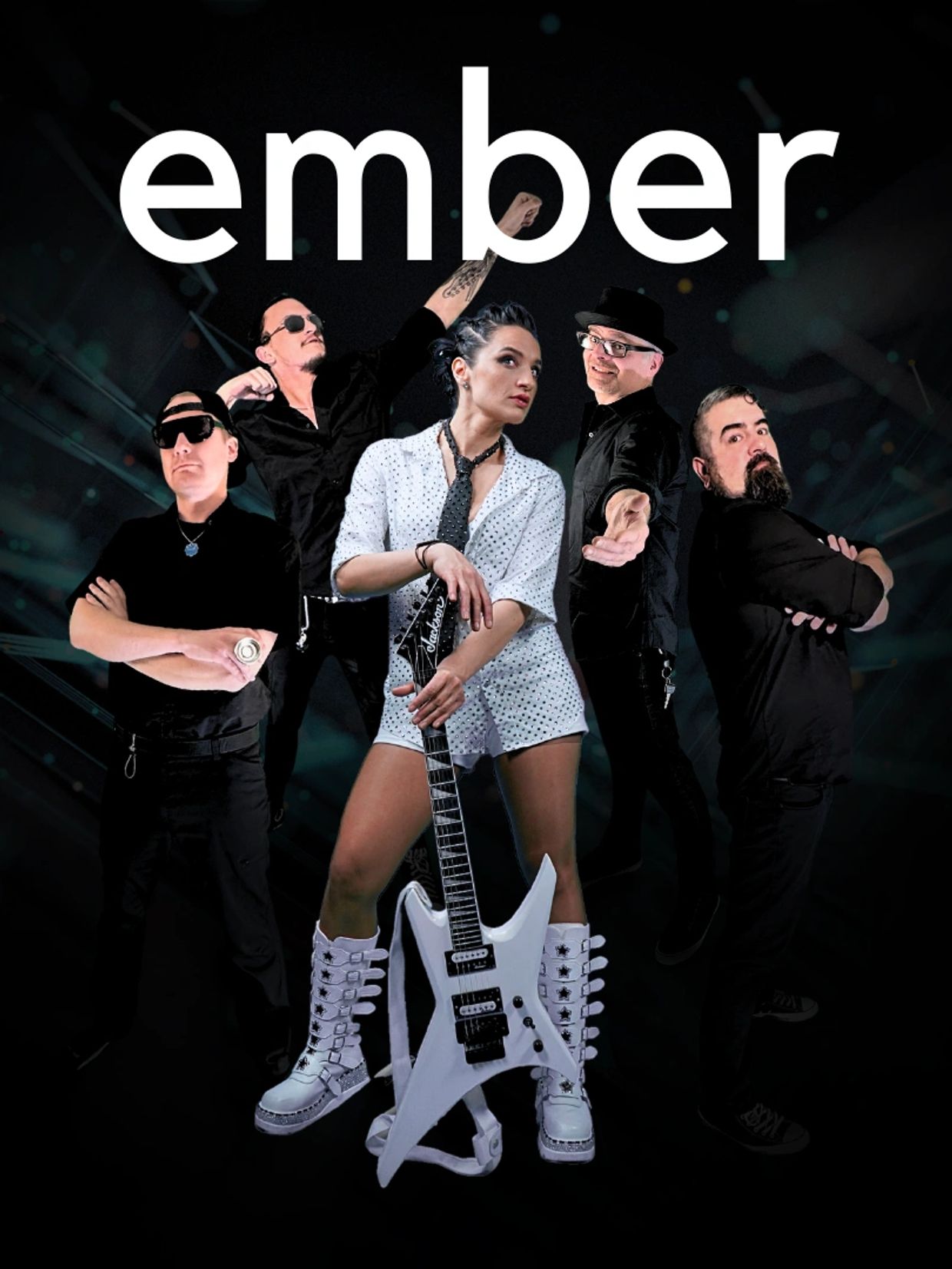 Rock band Ember posing with a white electric guitar against a dark background.