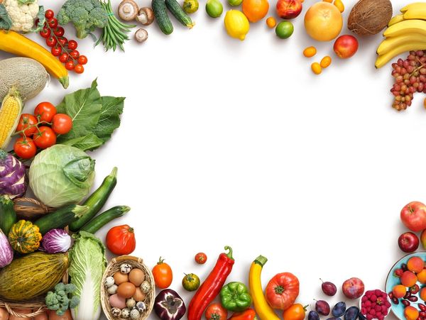 Organic food background. Food photography different fruits and vegetables isolated white background.