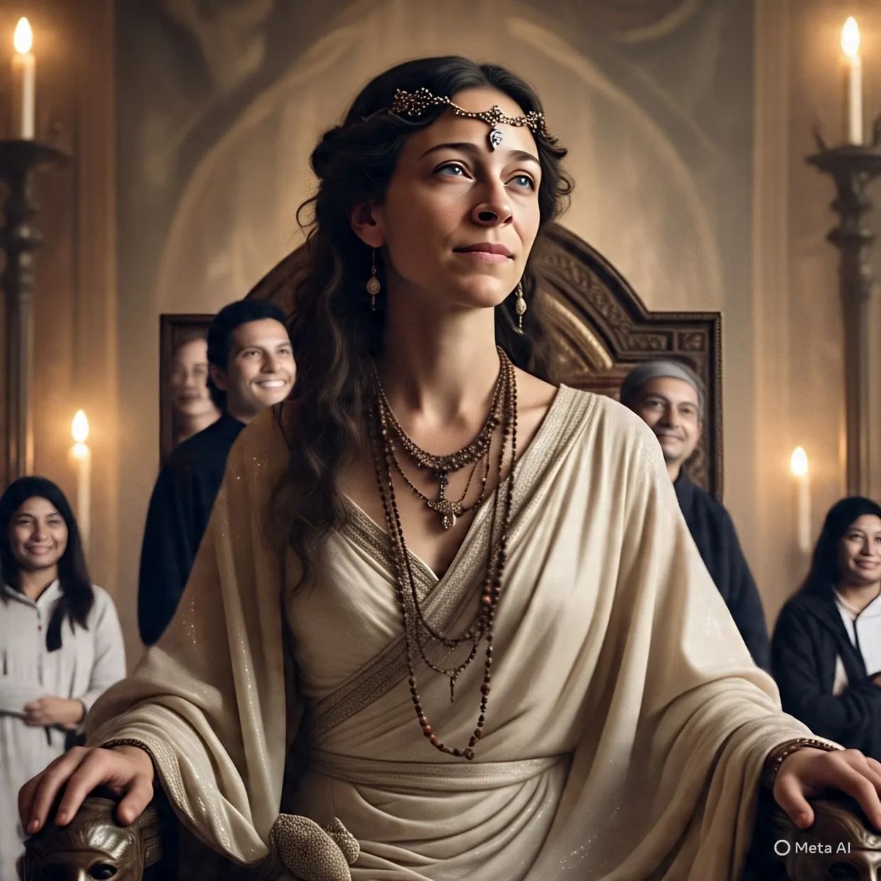 A regal woman in ancient attire sits on a throne, surrounded by attendants in a candlelit room.