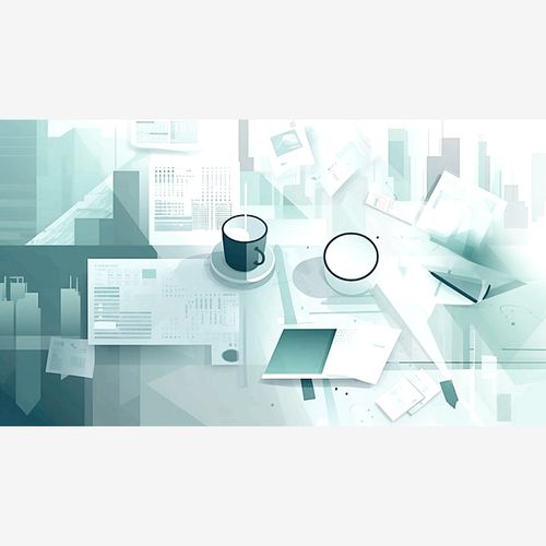 Abstract illustration of a workspace with coffee cups, documents, and graphs.