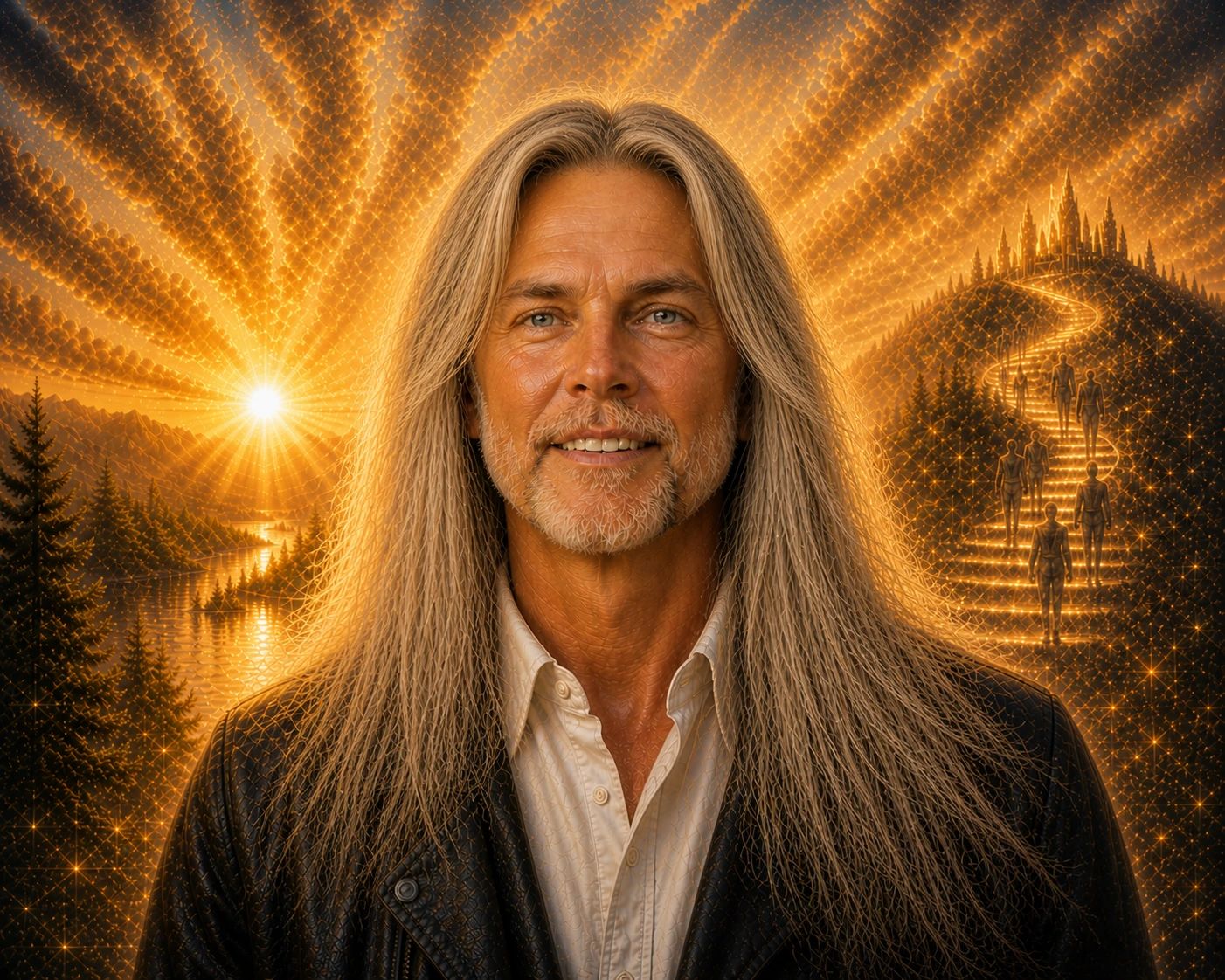 Man with long hair against a glowing, mystical background with a golden path and castle.