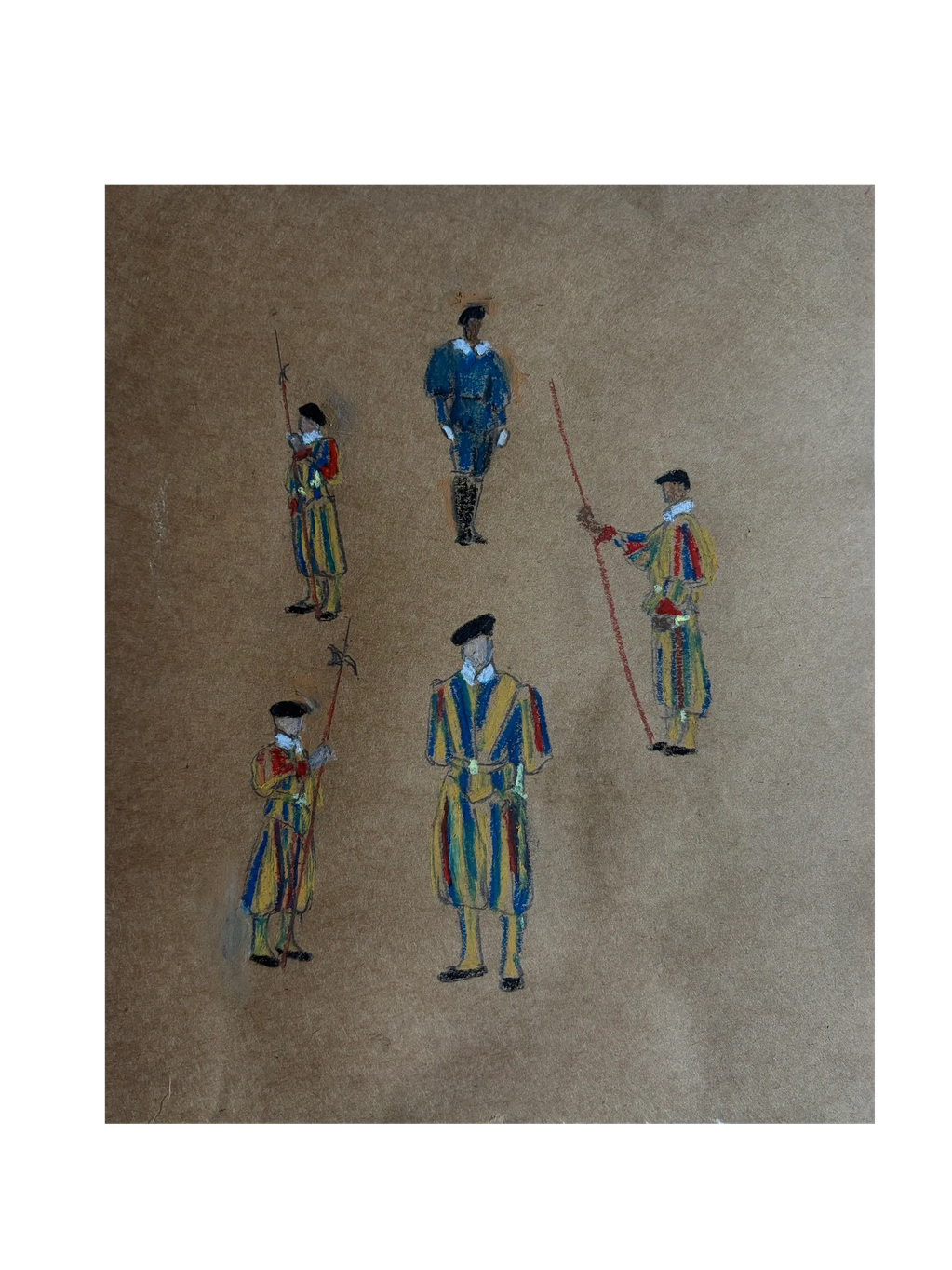 Drawing of four Swiss Guards in traditional uniforms.