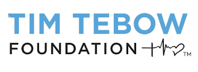 Logo of the Tim Tebow Foundation featuring blue and black text with a heart and pulse line.