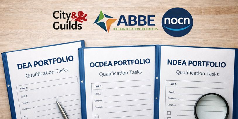 Qualification task portfolios from City & Guilds, ABBE, and NOCN.