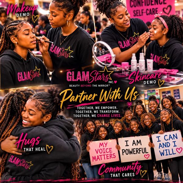 Women empowering each other through makeup demos, hugs, and community messages.