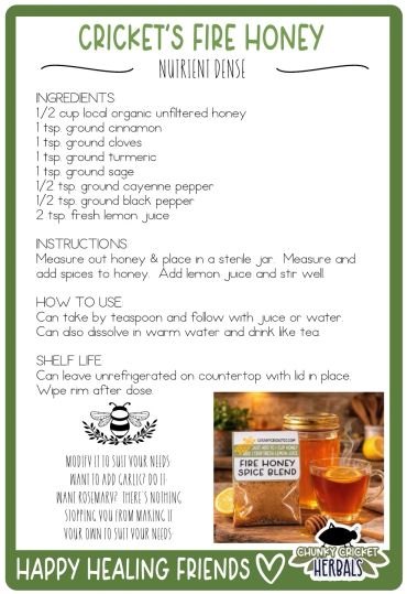 Recipe for Cricket's Fire Honey with spices, honey, lemon juice, and instructions for use and storage.