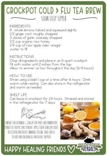 Recipe for crockpot cold and flu tea with lemon, ginger, garlic, honey, and apple cider vinegar.