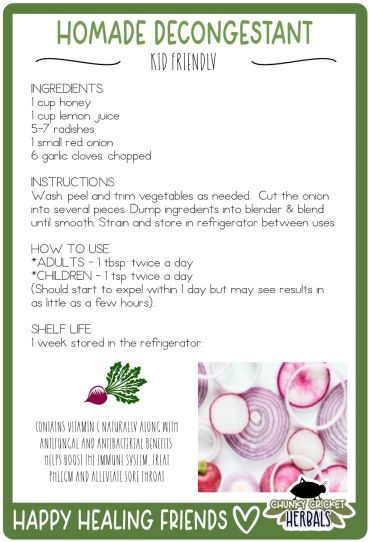 Recipe for a kid-friendly homemade decongestant with natural ingredients and instructions.