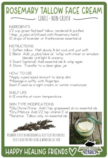 Homemade rosemary tallow face cream recipe with natural ingredients and skin type modifications.